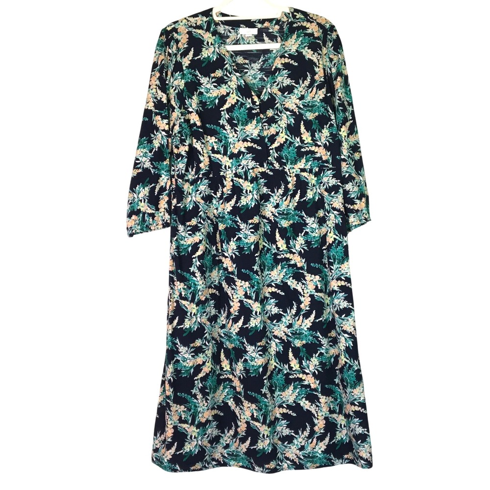 J. Jill Floral Print Cotton V-Neck Midi Dress Size M Navy Blue